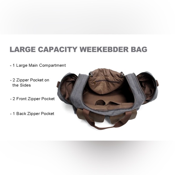 Aocome Gray Canvas Duffel Bag Leather Trim Travel Weekender/Shoe Compartment - Picture 3 of 13